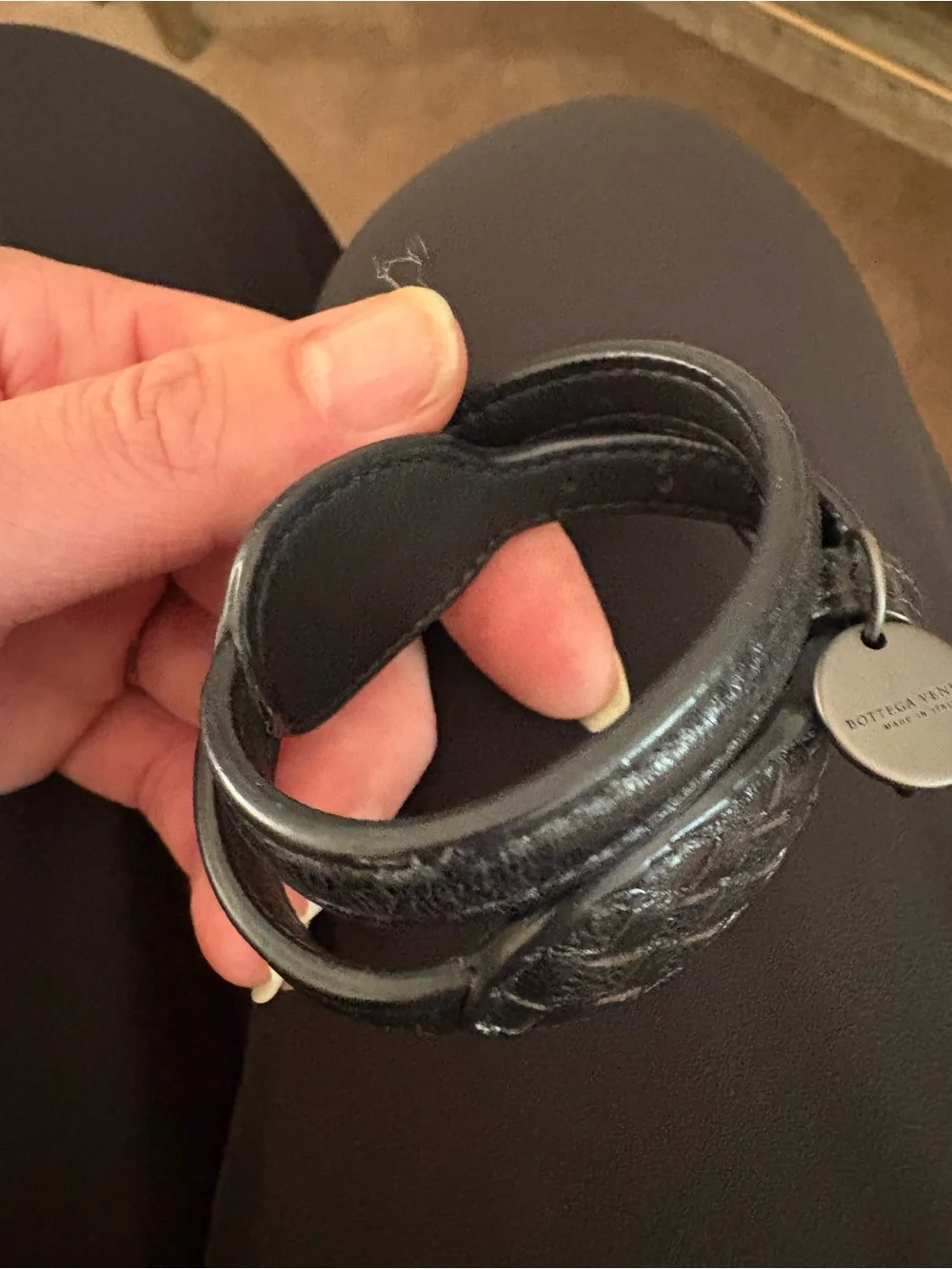 Bottega Veneta Black Leather Intreciatto Double-Wrap Bracelet with Round Tag XS